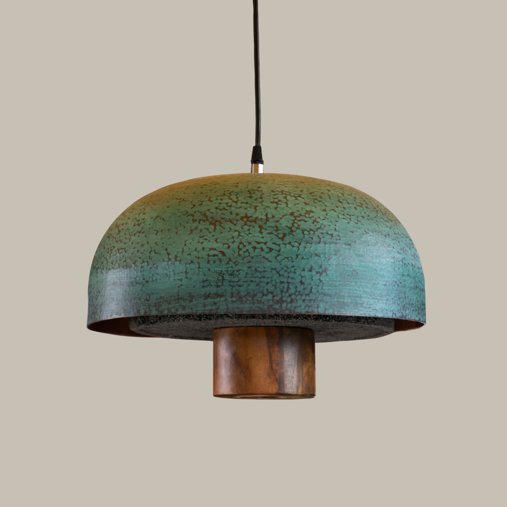 MIA - LÁMPARA COLGANTE DE COBRE, PIEDRA Y MADERA.