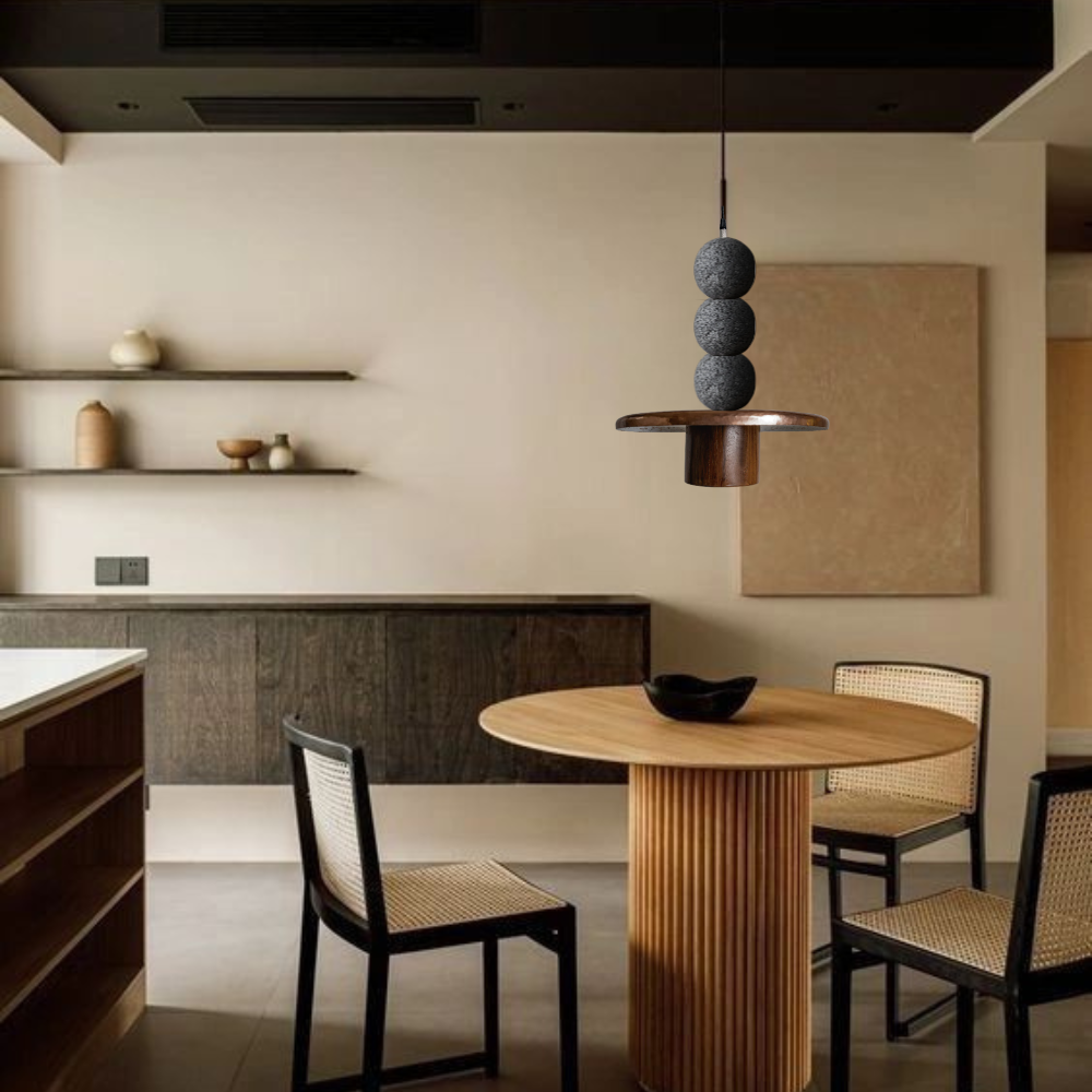 NINA - LÁMPARA COLGANTE DE PIEDRA, MADERA Y COBRE