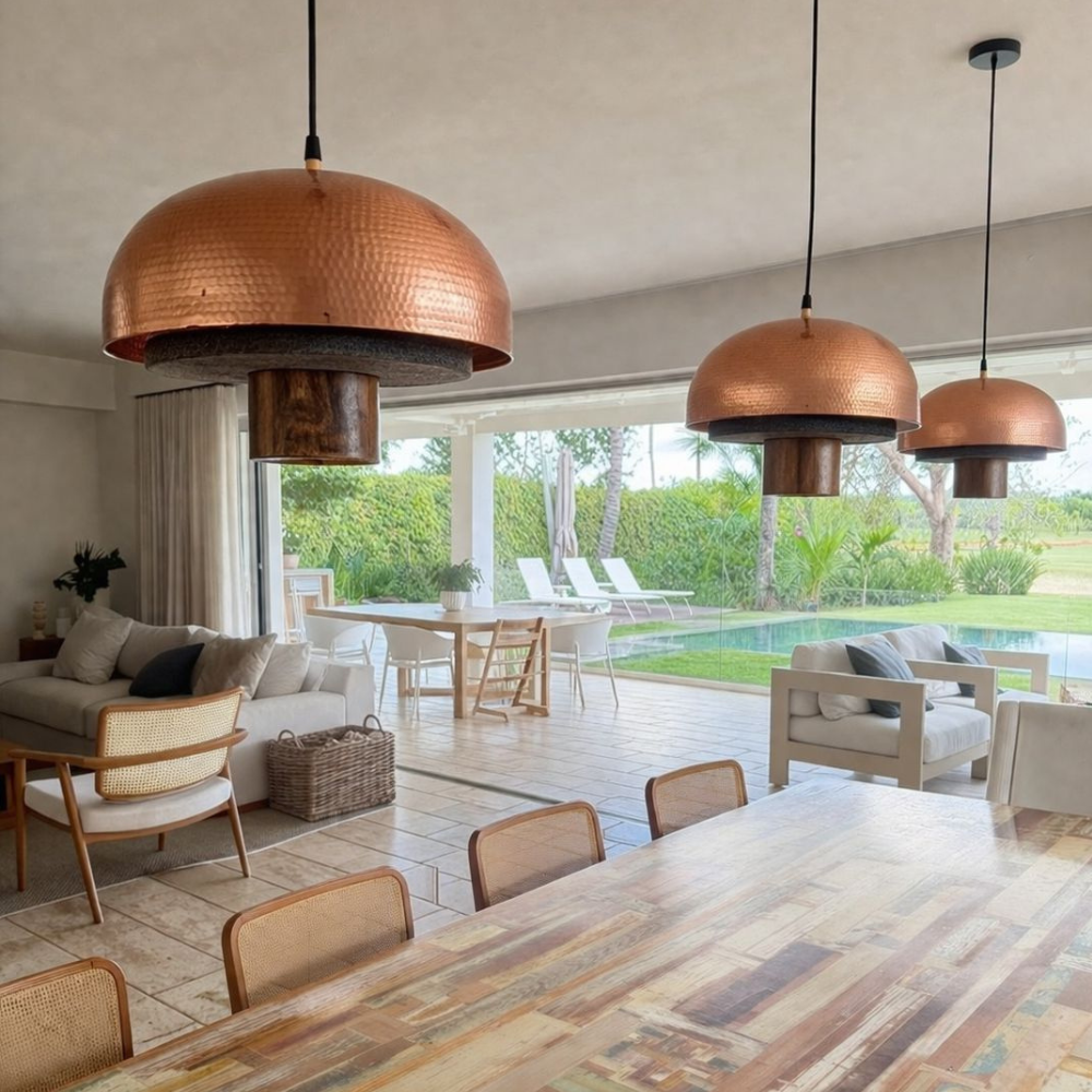 DONNA - LÁMPARA COLGANTE DE COBRE, PIEDRA Y MADERA.