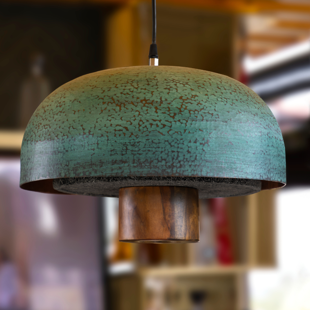 MIA - LÁMPARA COLGANTE DE COBRE, PIEDRA Y MADERA.