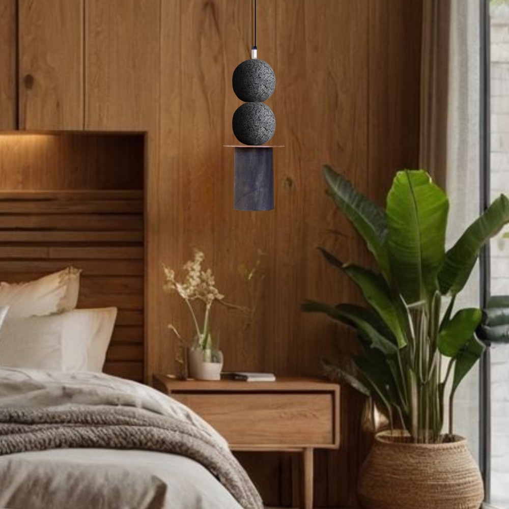 CIRA - LÁMPARA COLGANTE DE PIEDRA, MADERA Y COBRE