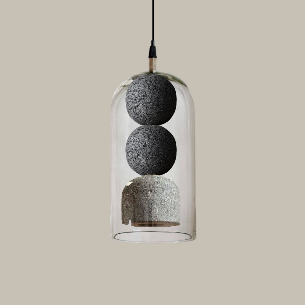 Lía - Lámpara colgante de piedra volcánica, basalto y vidrio soplado.