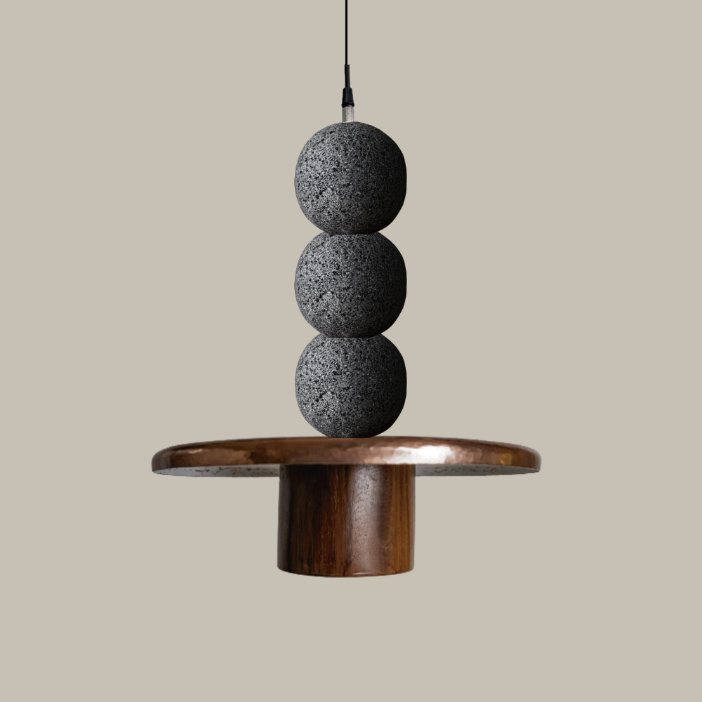 NINA - LÁMPARA COLGANTE DE PIEDRA, MADERA Y COBRE