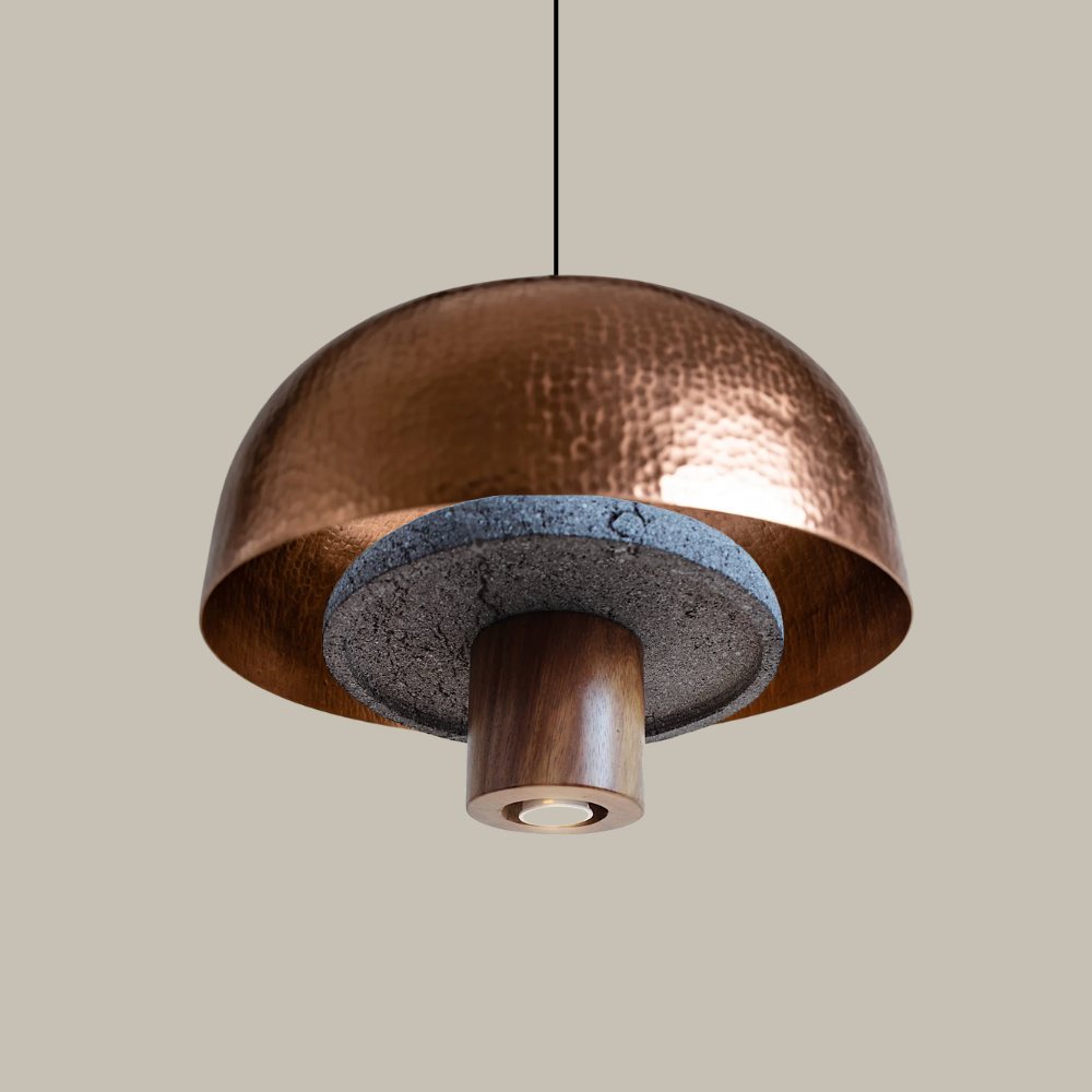 DONNA - LÁMPARA COLGANTE DE COBRE, PIEDRA Y MADERA.