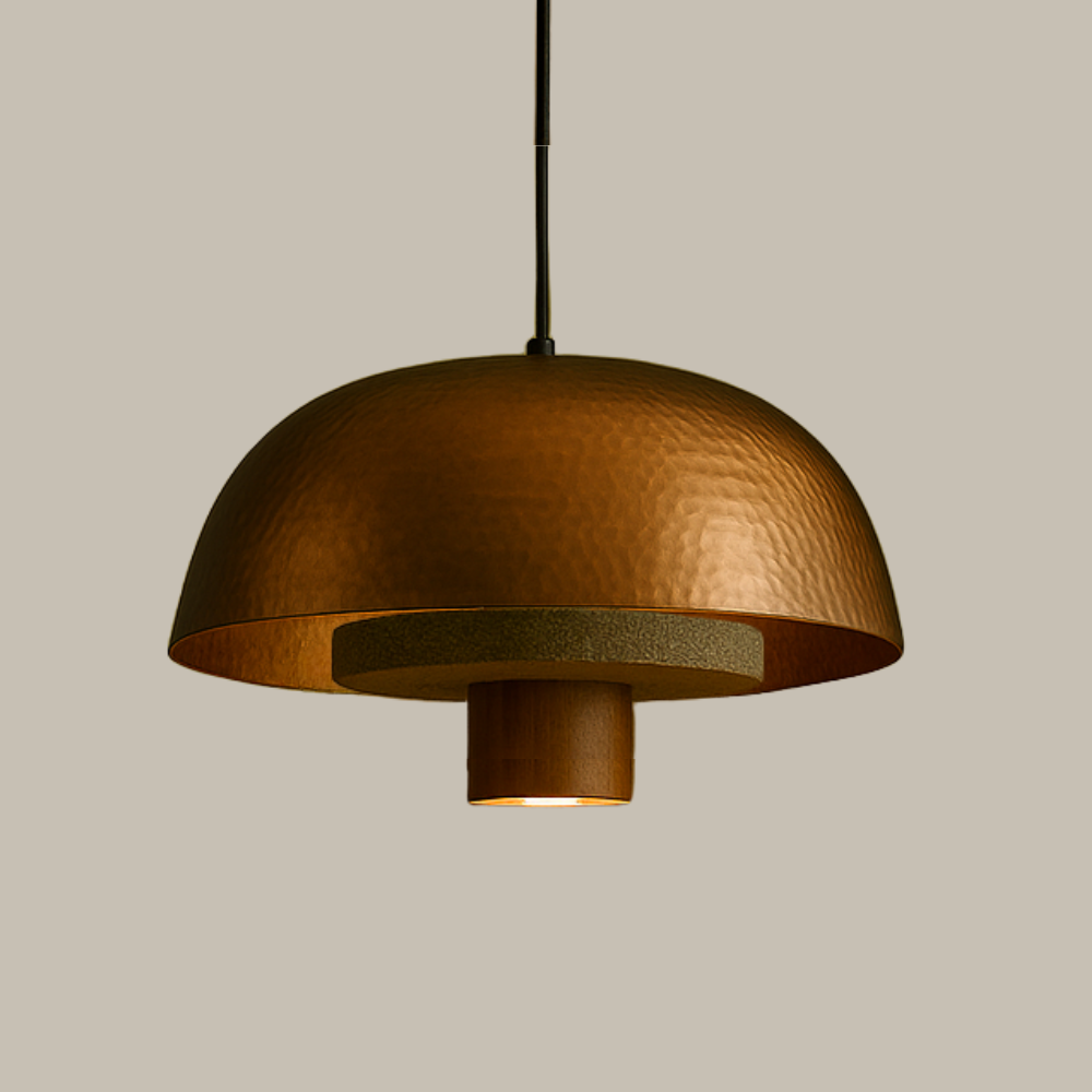 DONNA - LÁMPARA COLGANTE DE COBRE, PIEDRA Y MADERA.